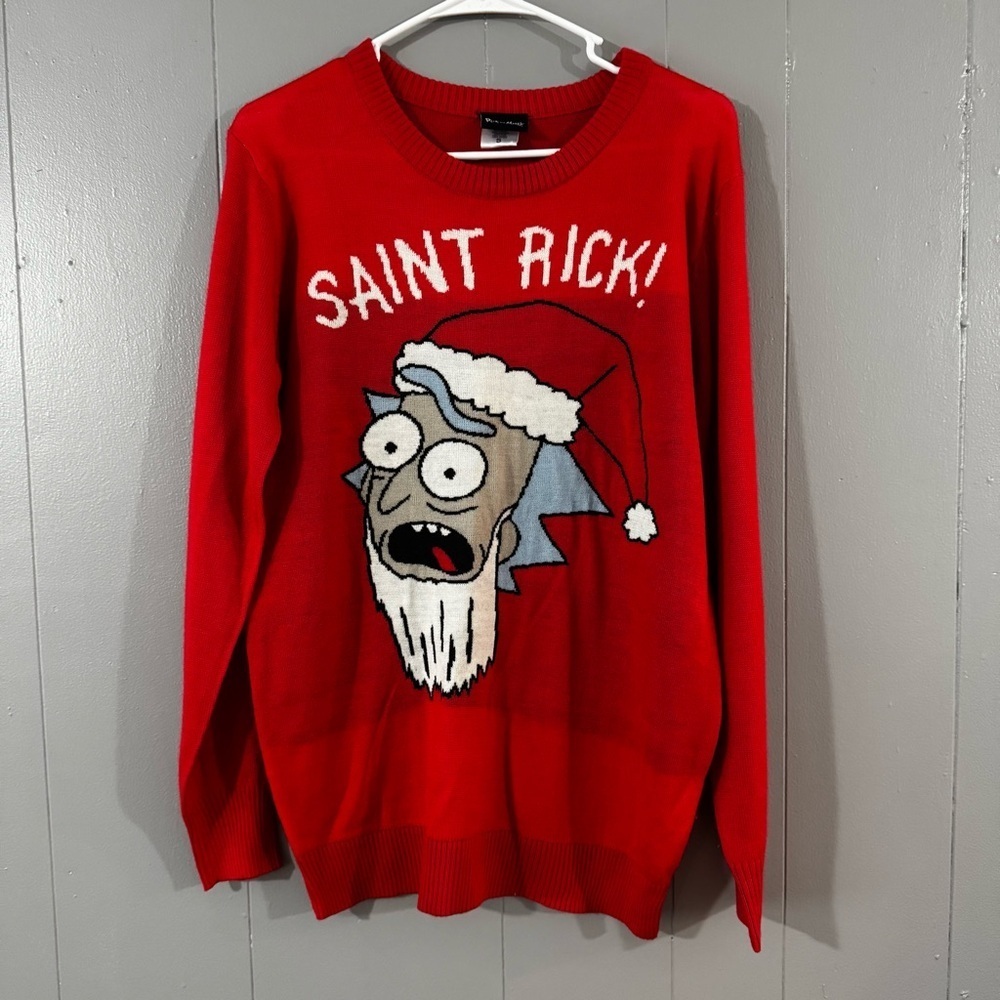 Red Saint Rick - Rick and Morty Knit Christmas Ugly Sweater US Men Size Small